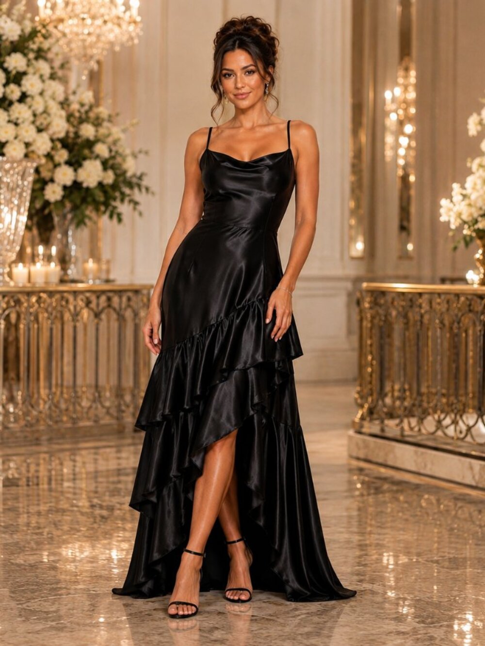 Betsy & Adam Black Satin Asymmetrical Ruffle Maxi Dress – Size 10